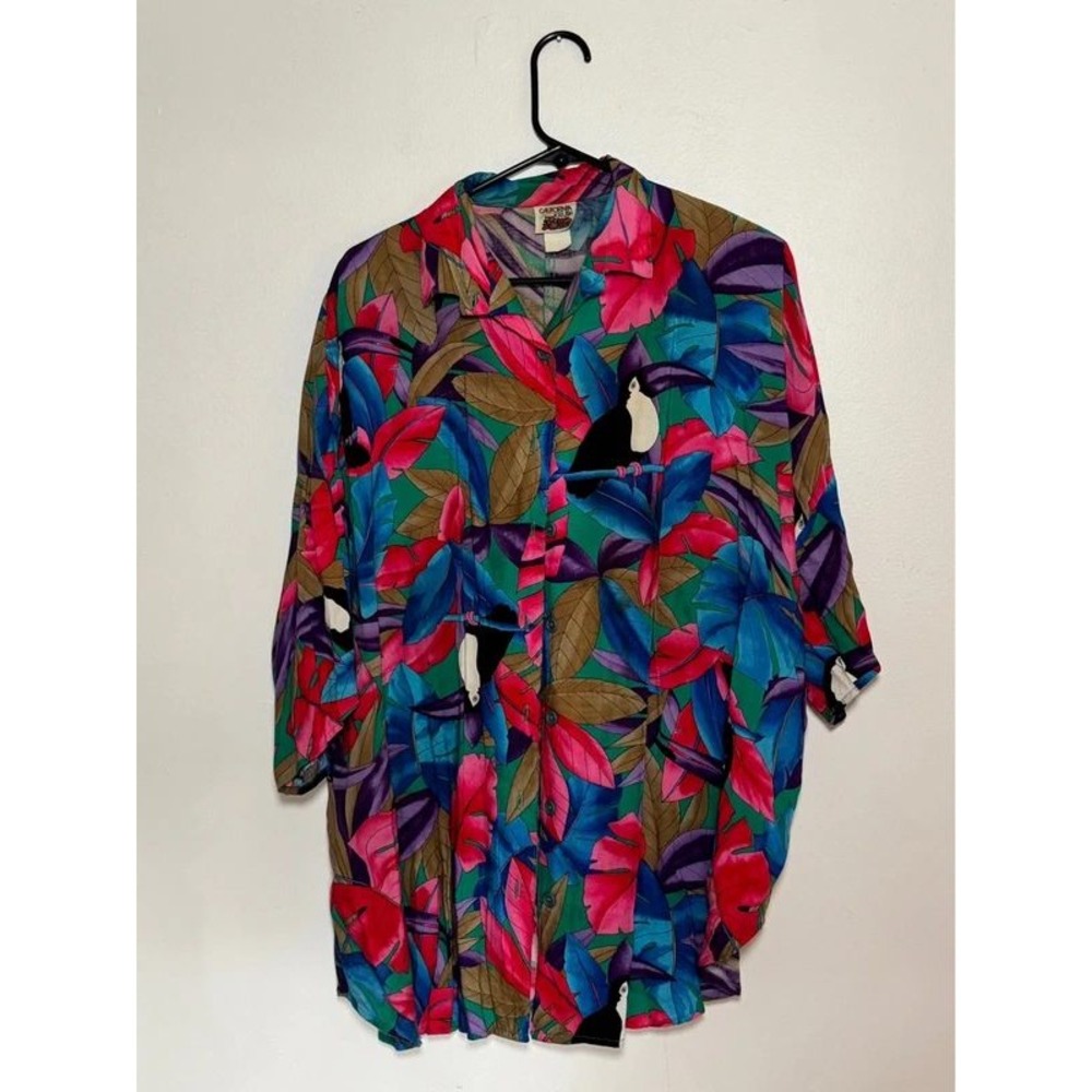 Vintage California Krush Toucan Tropical Print Button Front Shirt Womens‎ XL